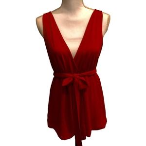 Anne Klein Womens Belted Sleeveless Blouse Top Red V Front & Back NWT Gorgeous S